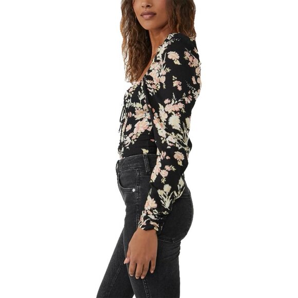 FREE PEOPLE Hilary Printed Keyhole Top - Black Floral Combo - XS - Picture 2 of 4